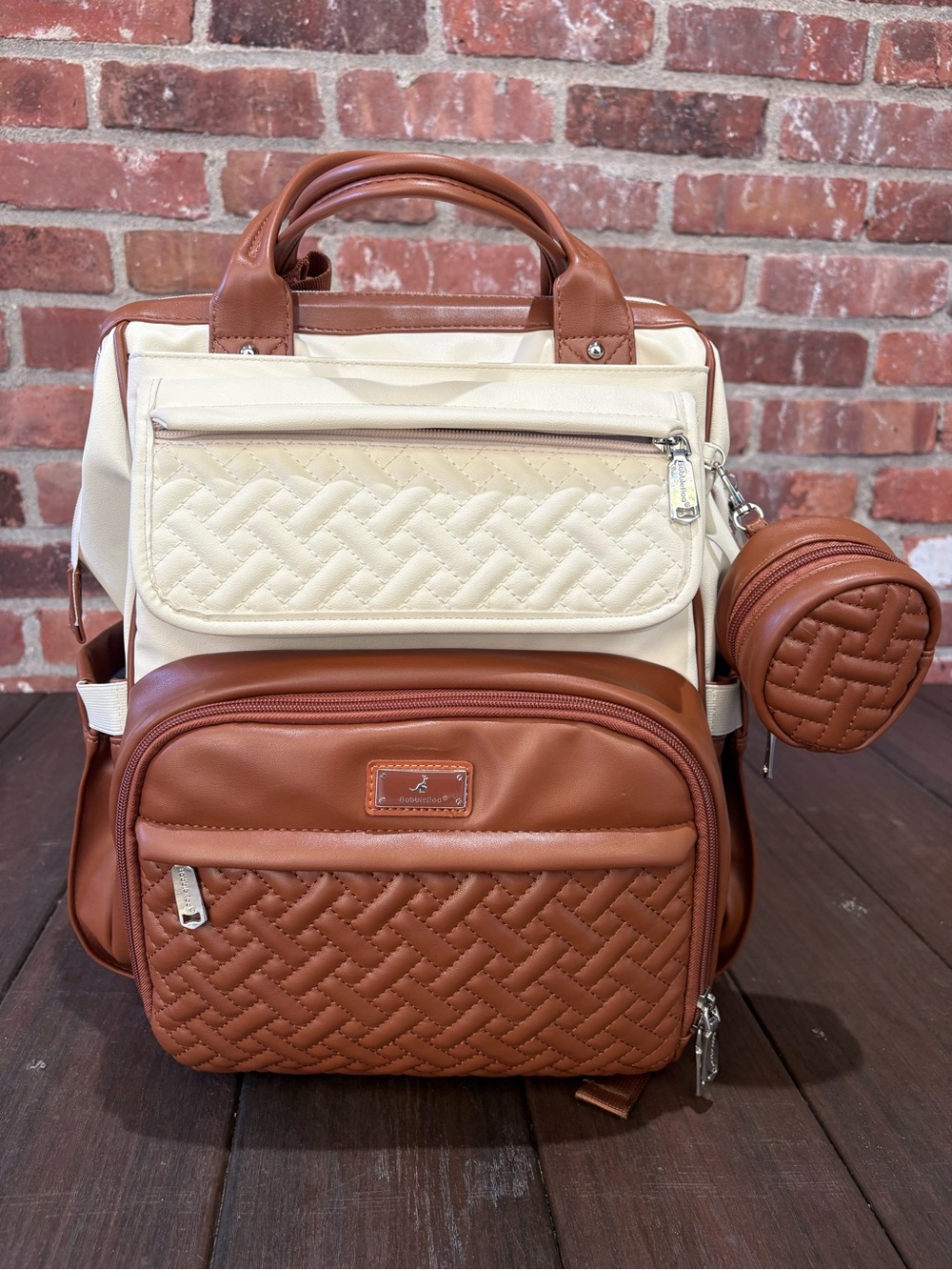 BabbleRoo Vegan Leather Two-Tone Diaper Bag Backpack in color “Coffee Cream”